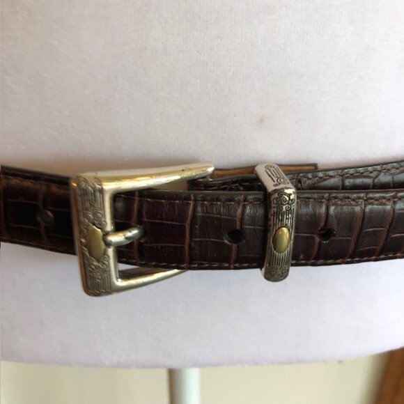 TALBOTS Crocodile Print Brown Western Silver Scroll Buckle Belt Large - Picture 2 of 16
